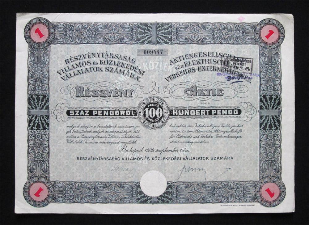 Rt. Villamos s Kzlekedsi Vllalatok Szmra 100 peng 1929